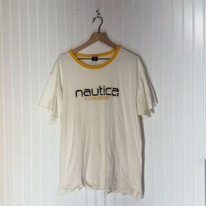 Vintage Nautica Jeans Co Ringer T-Shirt XL Cream Yellow Logo Tee 90s Y2K Skater